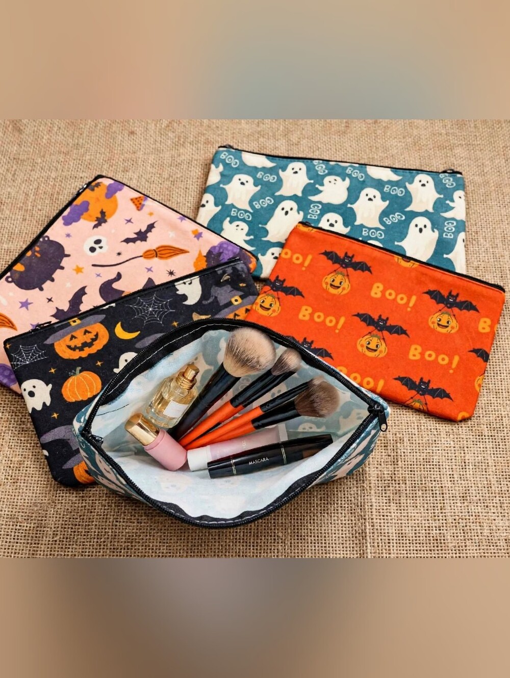 Set Of 4 Halloween Makeup Bag Pouch - Orange, Black, Pink Hat/Bat  & Teal Ghosts